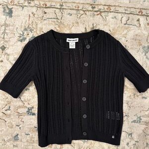 DKNY Black Knit Button-Up Top